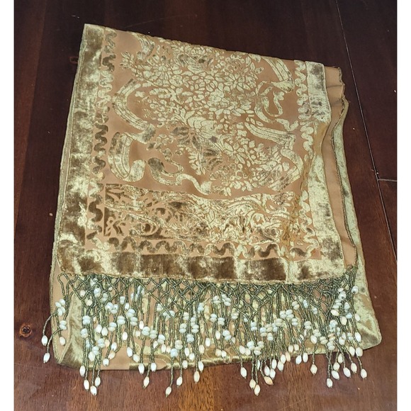 Vintage Wayne Kleski Velvet Beaded Fringe Scarf Wrap Green Floral